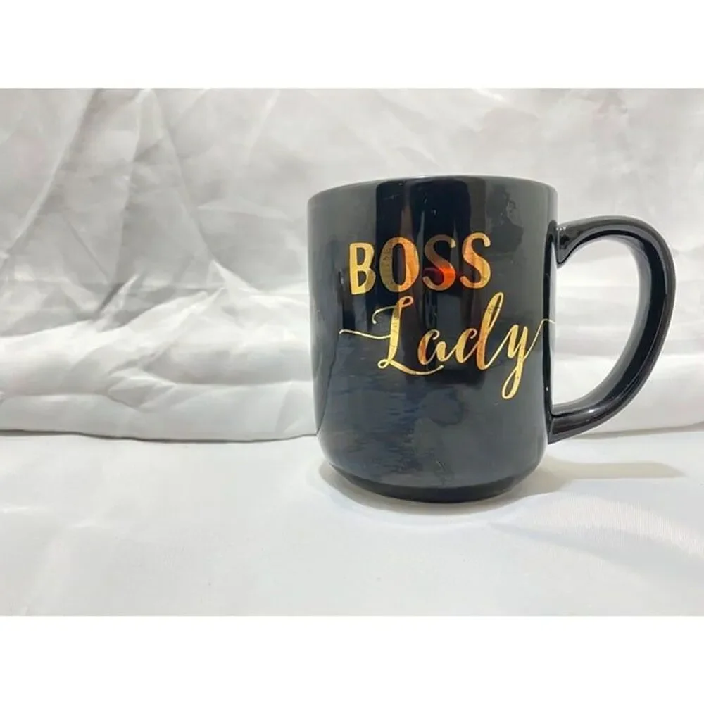 Boss Lady Coffee Mug Black and Gold Size 4 Inch Tall X 3.75 Inch Diameter - Picture 3 of 7